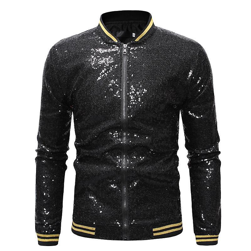 Men Jackets Shiny Sequins Sparkle Bomber Jacket Men  Newest Gold Glitter Striped Z Beige S