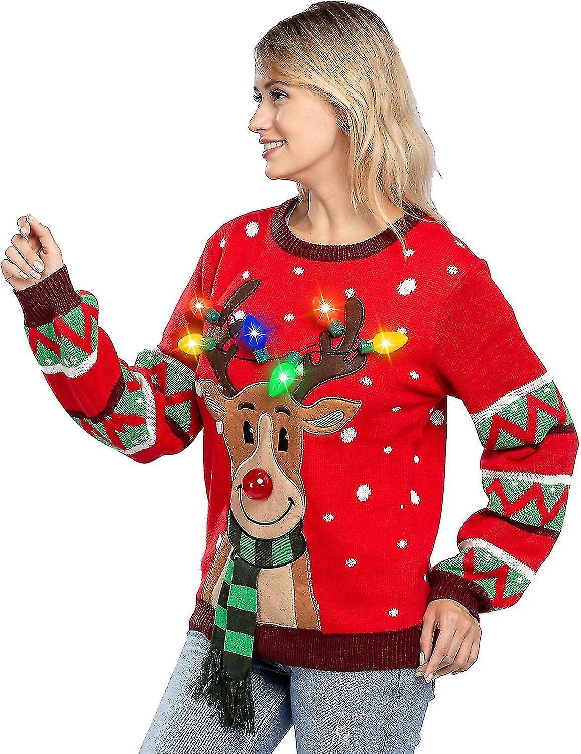 Elsavct Womens Led Light Up Reindeer Ugly Christmas Sweater Built-in Light Bulbs