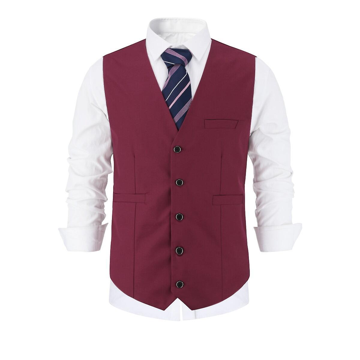 YOUTHUP Mens Business Suit Vest Slim Fit Solid Color Formal Waiscoat Red S