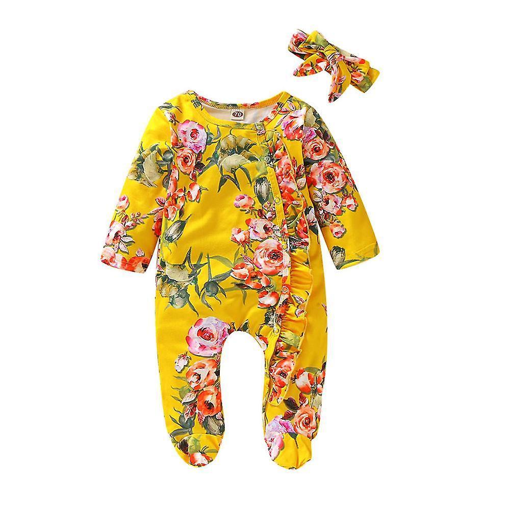 Slowmoose Newborn Infant Baby Footed Sleeper Romper Headband Clothes Set Yellow 6M