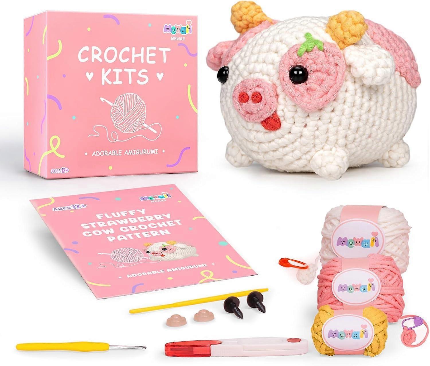 Baiccf Crochet Kit for Beginners, Complete DIY Kit Animals with 40%+ Pre-Started Tape Yarn Step-by-Step Video Tutorials for Adults Kids (Fluffffy Cow)