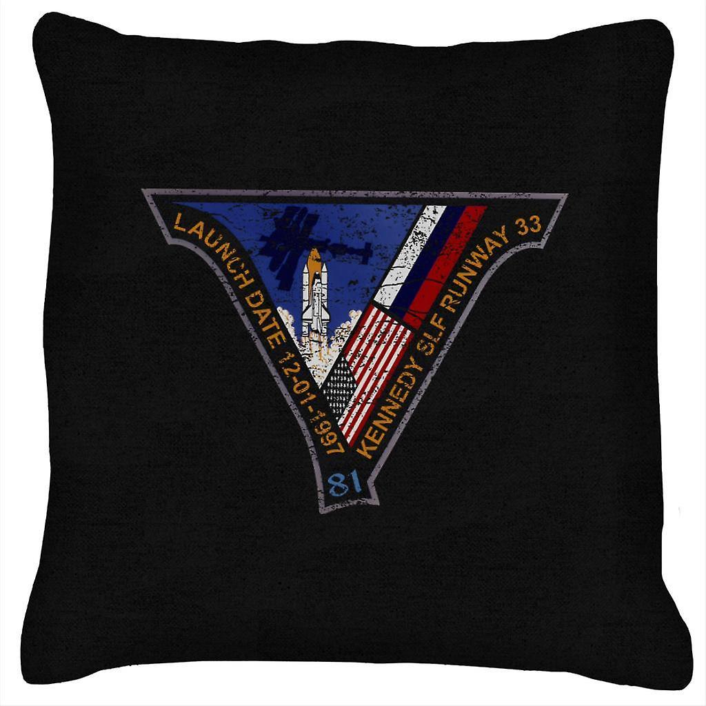 NASA STS 81 Atlantis Mission Badge Distressed Cushion Black 40 x 40cm