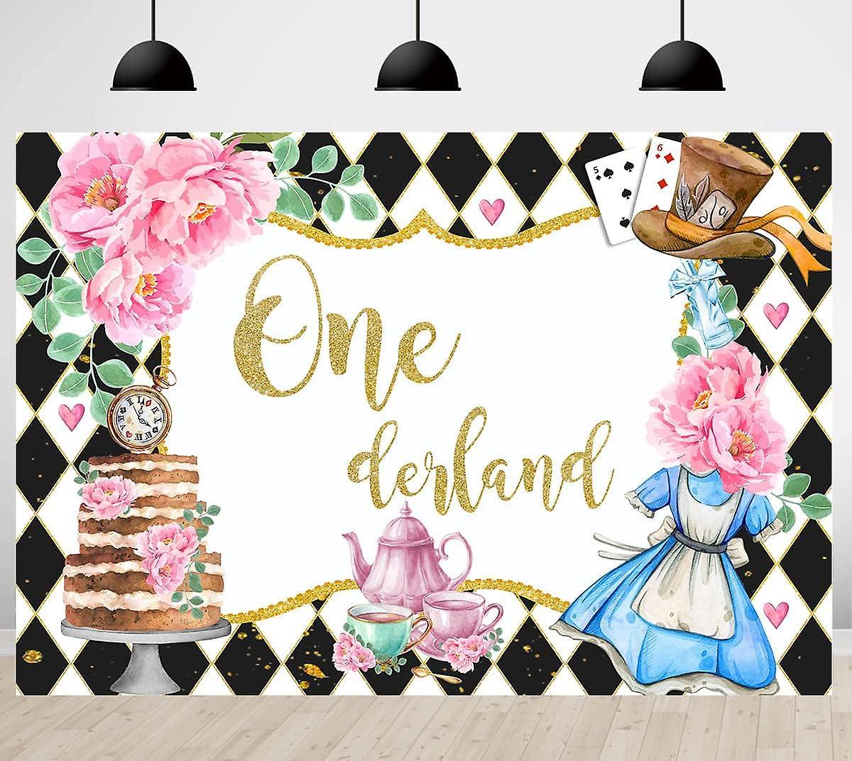 Heyone Onederland 1st Birthday Backdrop For Girls Wonderland Tea Party Photography Background Girl Pink Floral Poker Decoration Cake Table Banner 7...