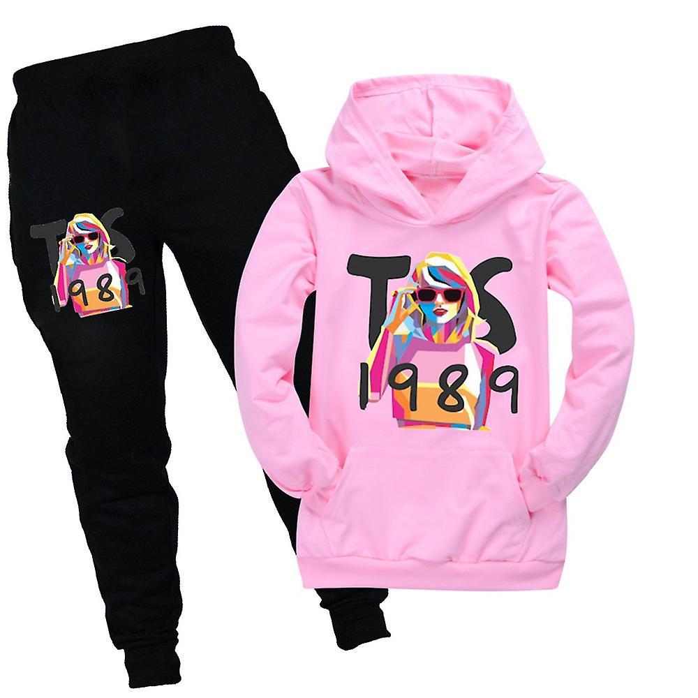 Bestdaily Kids Girls Taylor Swift 1989 Casual Print Hoodie Tracksuit Outfits Sweatshirt Joggers Pants Set Clothes Swiftie Fans Gifts Pink 11-12 Years