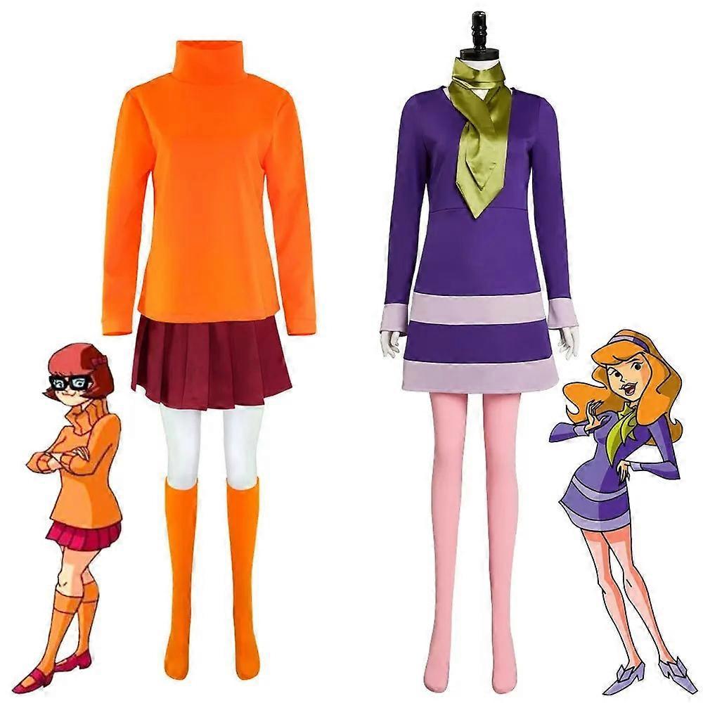 Tigernu 2024 Velma Dinkley Daphne Blake Shaggy Scooby Cosplay Costume Headband Socks Dress Halloween Carnival Suit Daphne Wig M