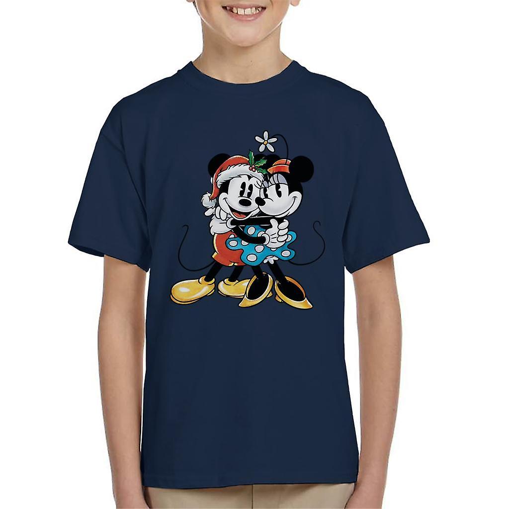 Disney Christmas Mickey And Minnie Festive Hug Kid's T-Shirt Navy Blue X-Small (3-4 yrs)