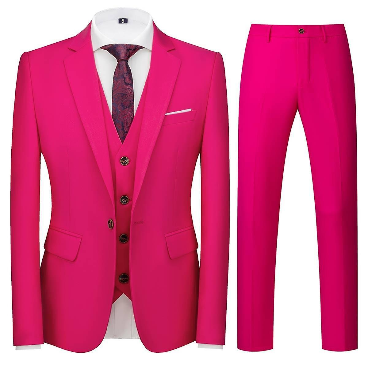 Allthemen Men's Suit 3-Piece Slim Fit One Button Suits Wedding Business Jacket Vest Trousers Pink