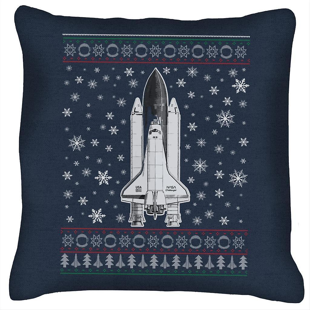 NASA Challenger Shuttle Christmas Knit Pattern Cushion Navy Blue 40 x 40cm