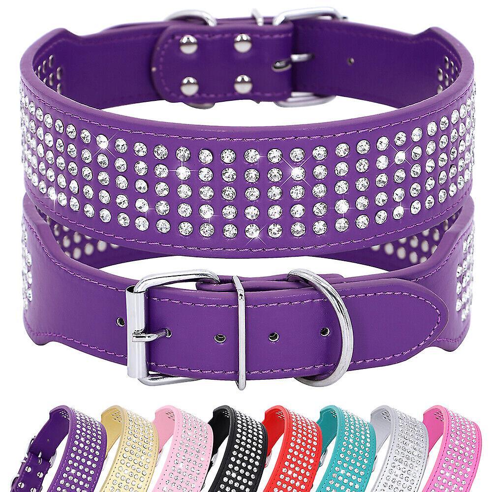 Didog 5 Row Rhinestone PU Leather Dog Collars Diamante Bling for Large Dogs 2.0" wide Purple M:Neck 38-46cm