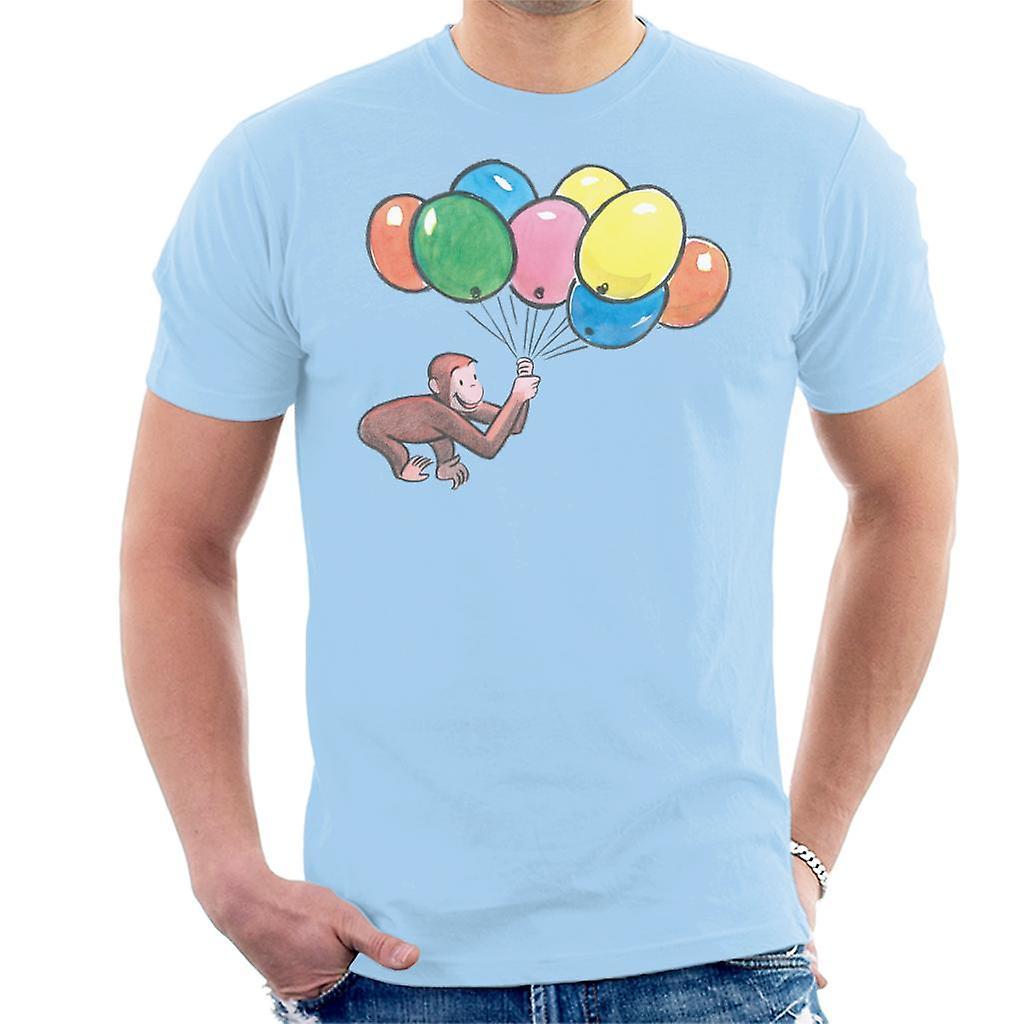 Curious George Holding Balloons Men's T-Shirt Sky Blue Medium