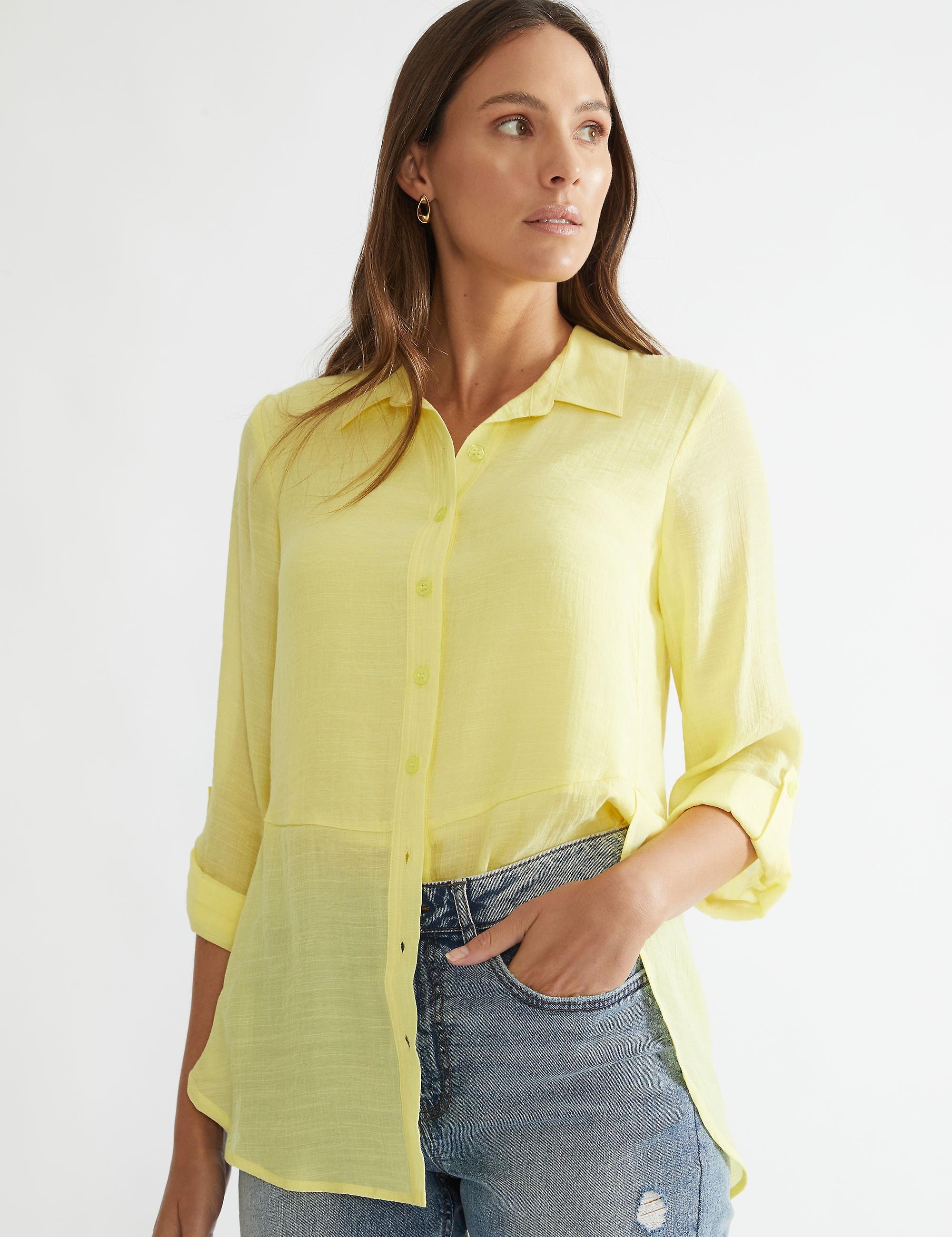 KATIES - Womens - Tops - Summer - Blouse / Shirt - Yellow - Long Sleeve - Solid - Length Long - Relaxed Fit - Casual Fashion - Office Work Clothes 16