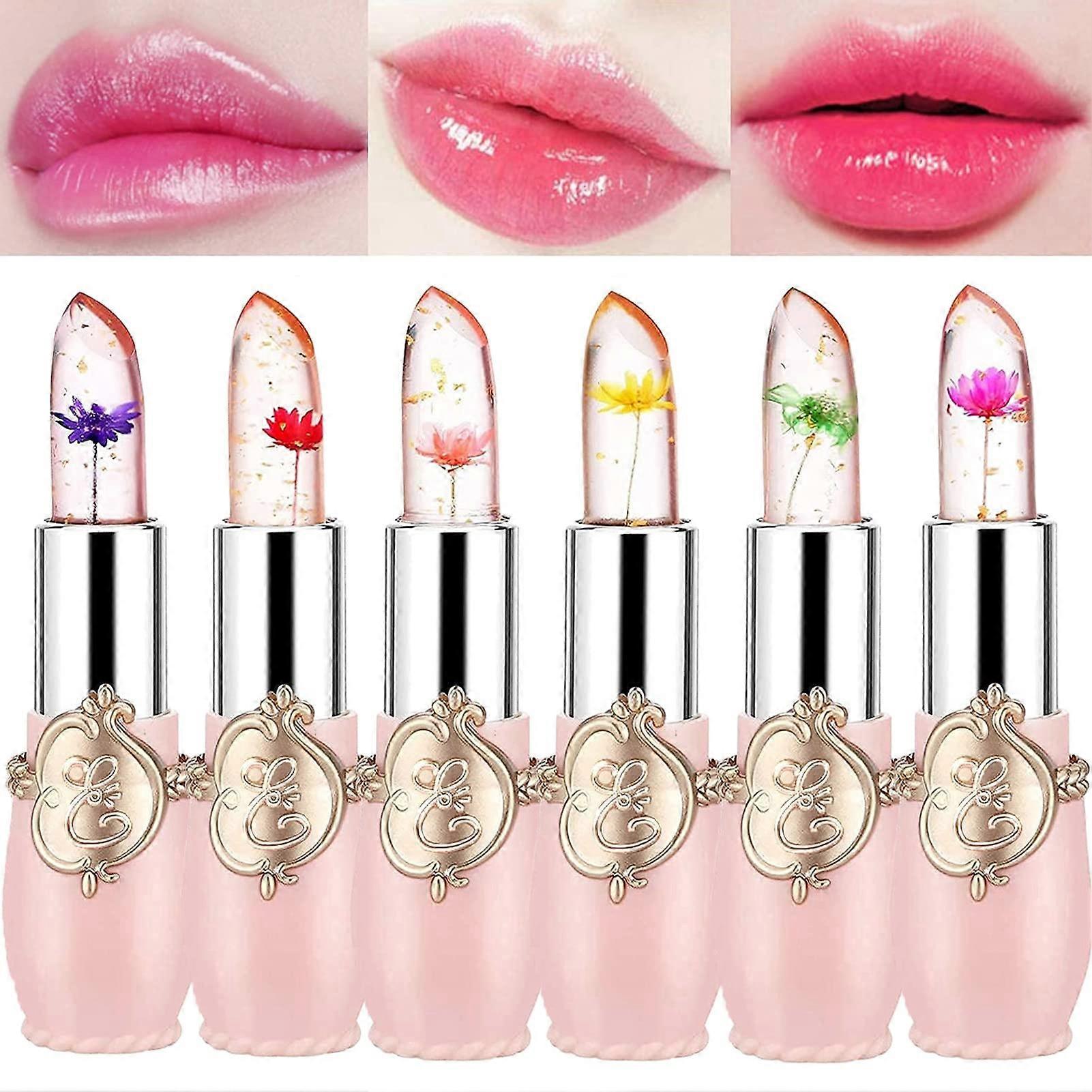 Litzee 6 Pack Crystal Jelly Flower Lipstick Set Nutritious Temperature Change Lip Balm Long Lasting Moisturizer Lip Gloss