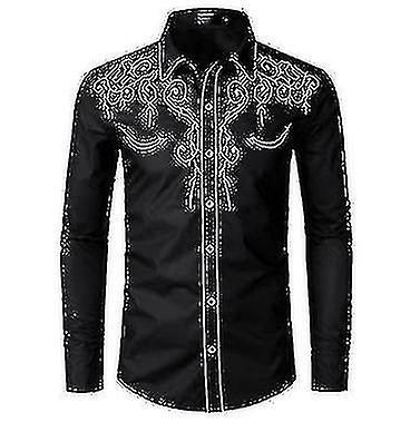 Cryin Mens Western Cowboy Shirt Embroidered Long Sleeve Casual Slim Fit Button Down Shirt black L