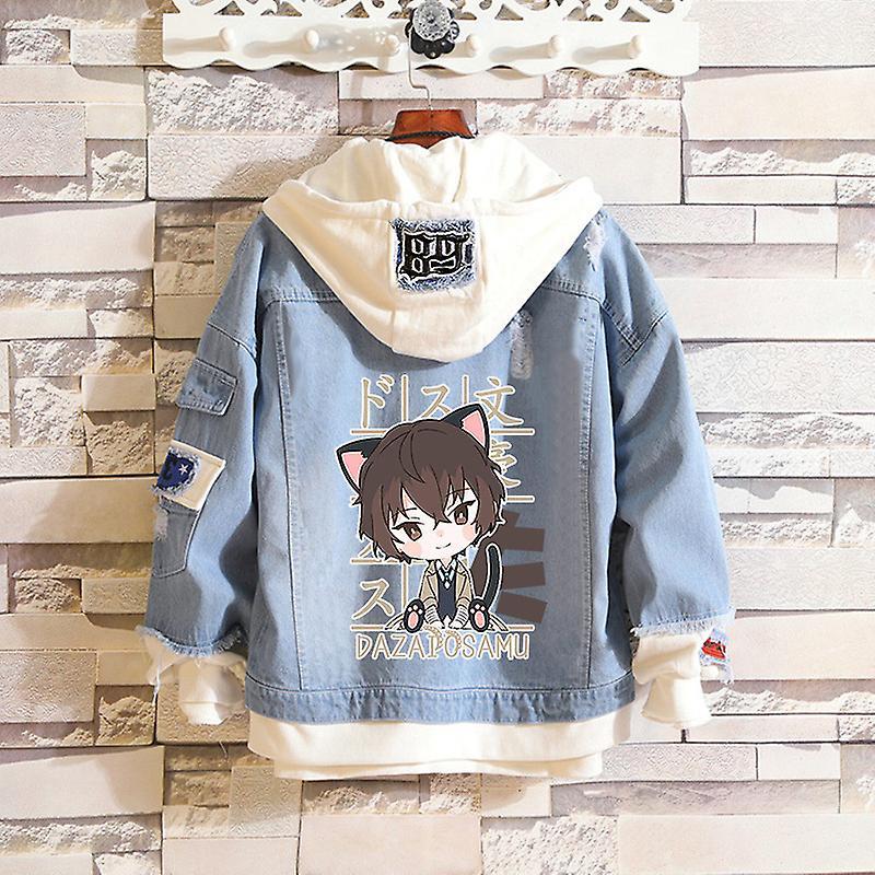 Dinoply Anime Bungo Stray Dogs Costume Jean Jacket Dazai Osamu Cosplay Denim Raw Hem Jeans Adult Autumn Spring Hooded Outwear Coat C M