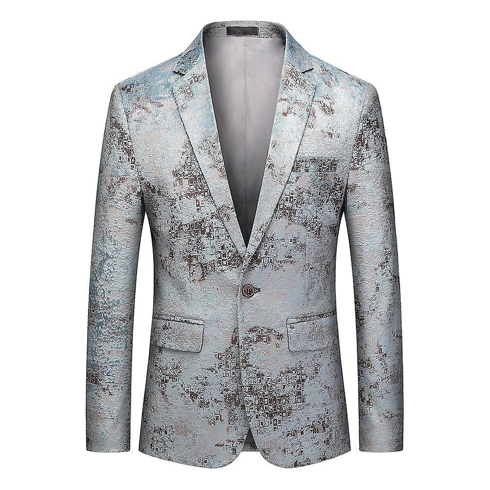 Allthemen Mens Casual One-button Printed Slim Suit Jacket Grey/Blue L