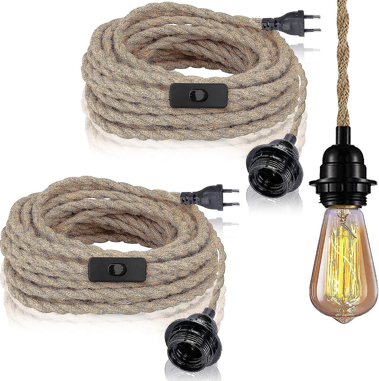 Bean 2 Pack Pendant Lights With Switch, Hemp Rope With 4.5m Cable, E27 Socket compatible Hall, Kitchen, Dining Table, Bar (without Bulb)