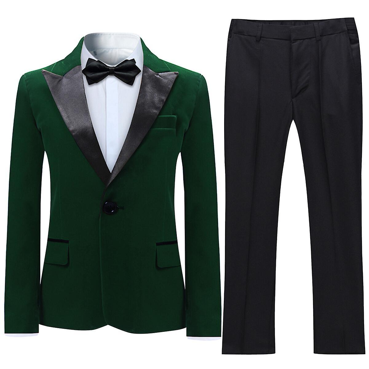 Sliktaa Boys 2Pce Dress Suit Velvet Slim Fit Blazer and Pants Green 120CM