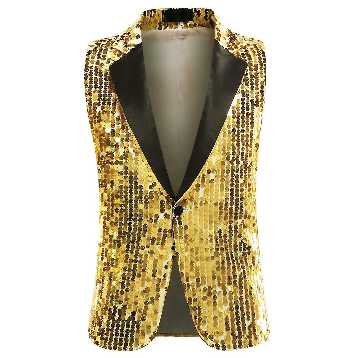 Sliktaa Mens Party Sequin Glitter Vest Gold L