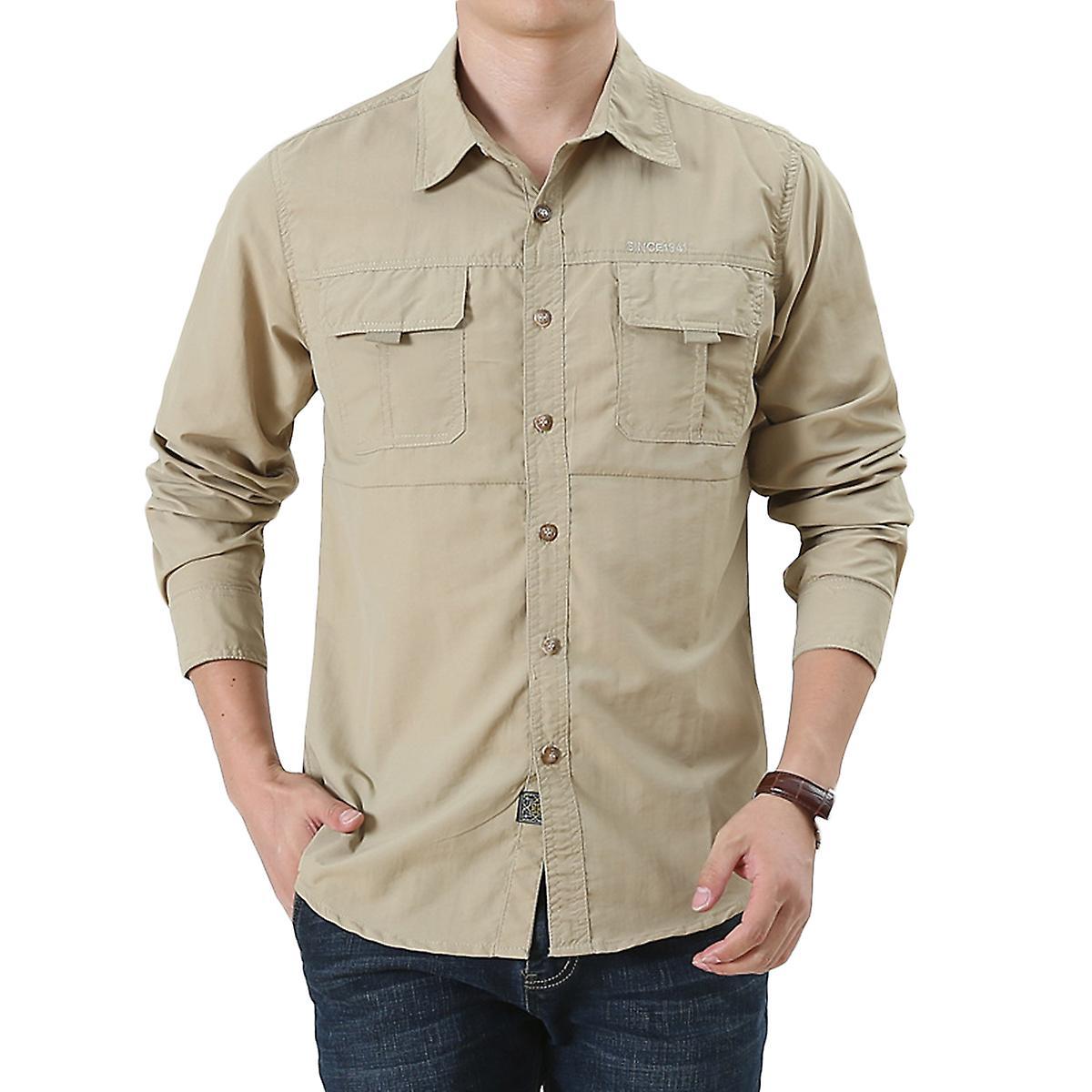 Allthemen Mens Casual Lapel Solid Long Sleeve Shirt Khaki M