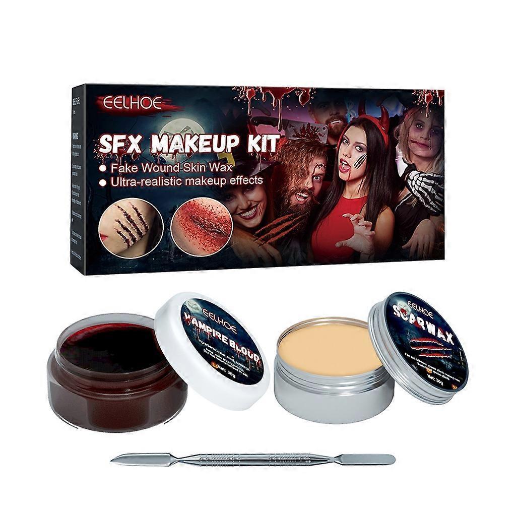 unbrand Special Effects SFX Halloween Makeup Kit Scar-Wax Fake-Blood-Cream Spatula Tool