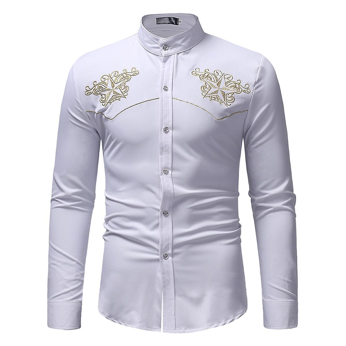 Allthemen Mens Casual Embroidered Stand Collar Slim Fit Shirt White M