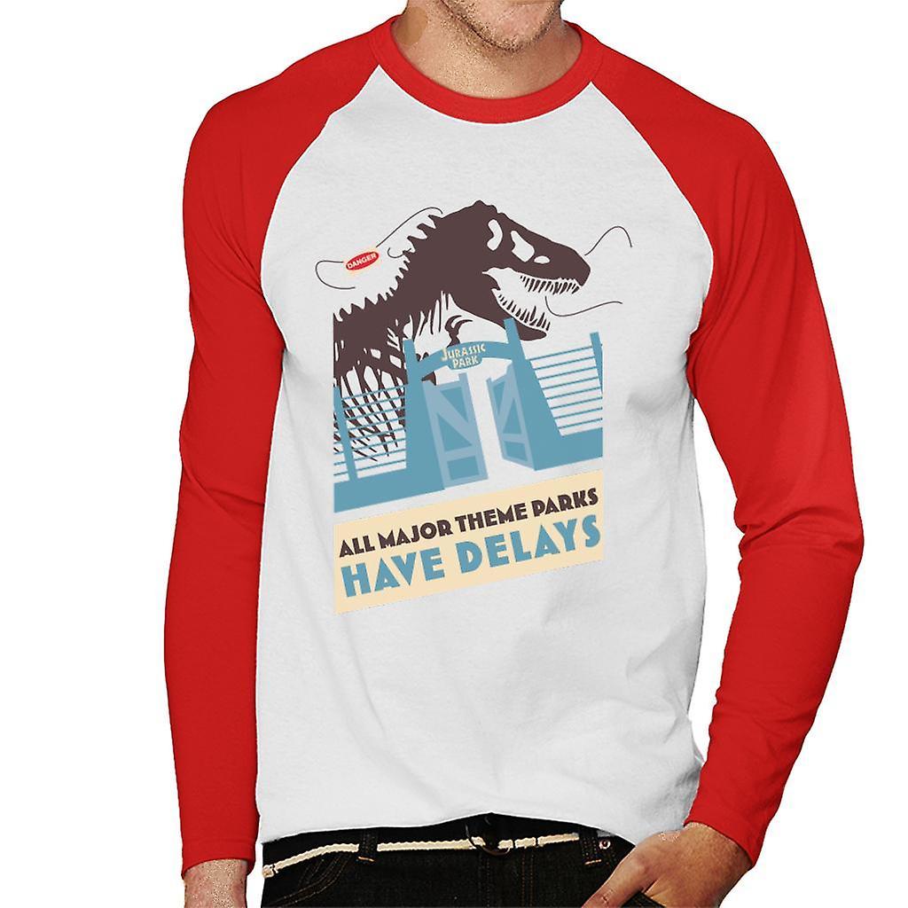 Jurassic Park T Rex All Major Theme Parks Have Delays Men's Baseball Long Sleeved T-Shirt White/Red Medium