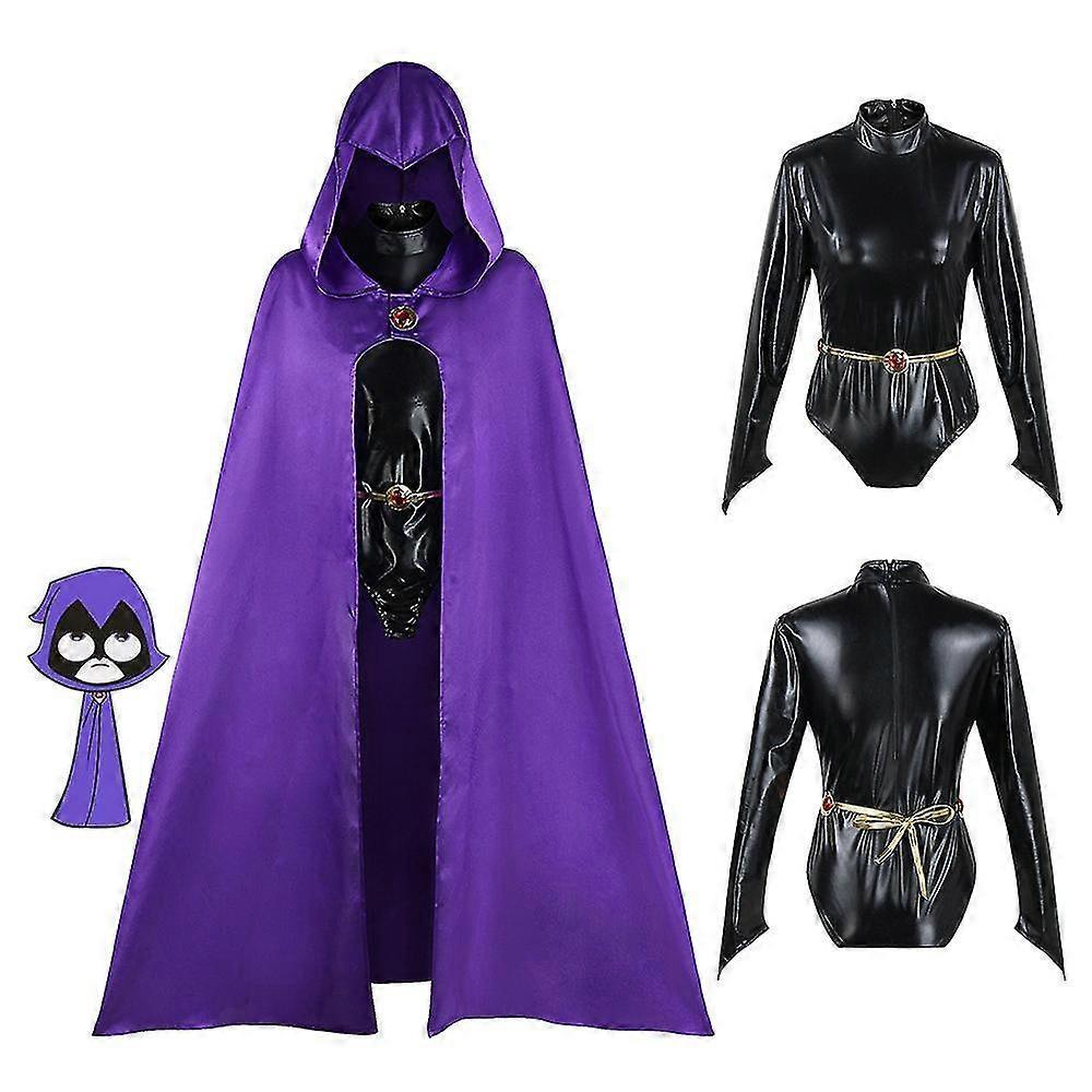 Lequeen Teen Titans Raven Cosplay Costume Bodysuit With Cape Outfits Set Carnival Party Fancy Dress Cosplay Accessories XL