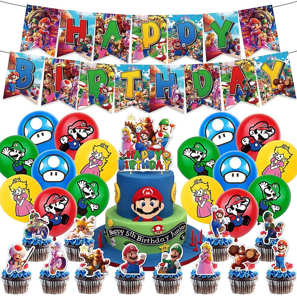 Bestdaily Super Mario Bros Birthday Party Decorations, Mario Movie Theme Party Supplies Set Include Happy Birthday Banner, Cake/cupcake Topper, Bal...