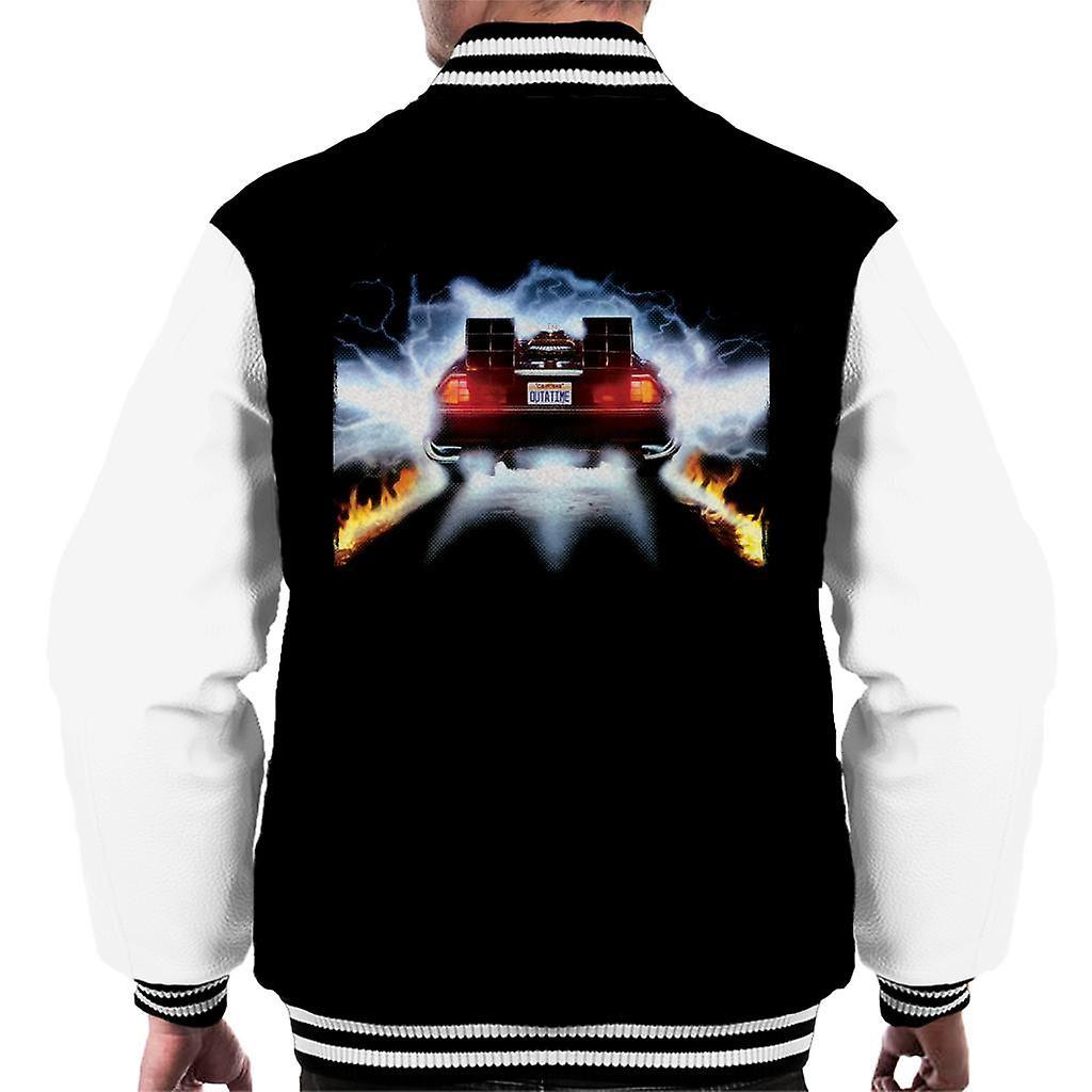 Back to the Future Delorean Taking Off For Time Travel Men's Varsity Jacket Black/White Medium