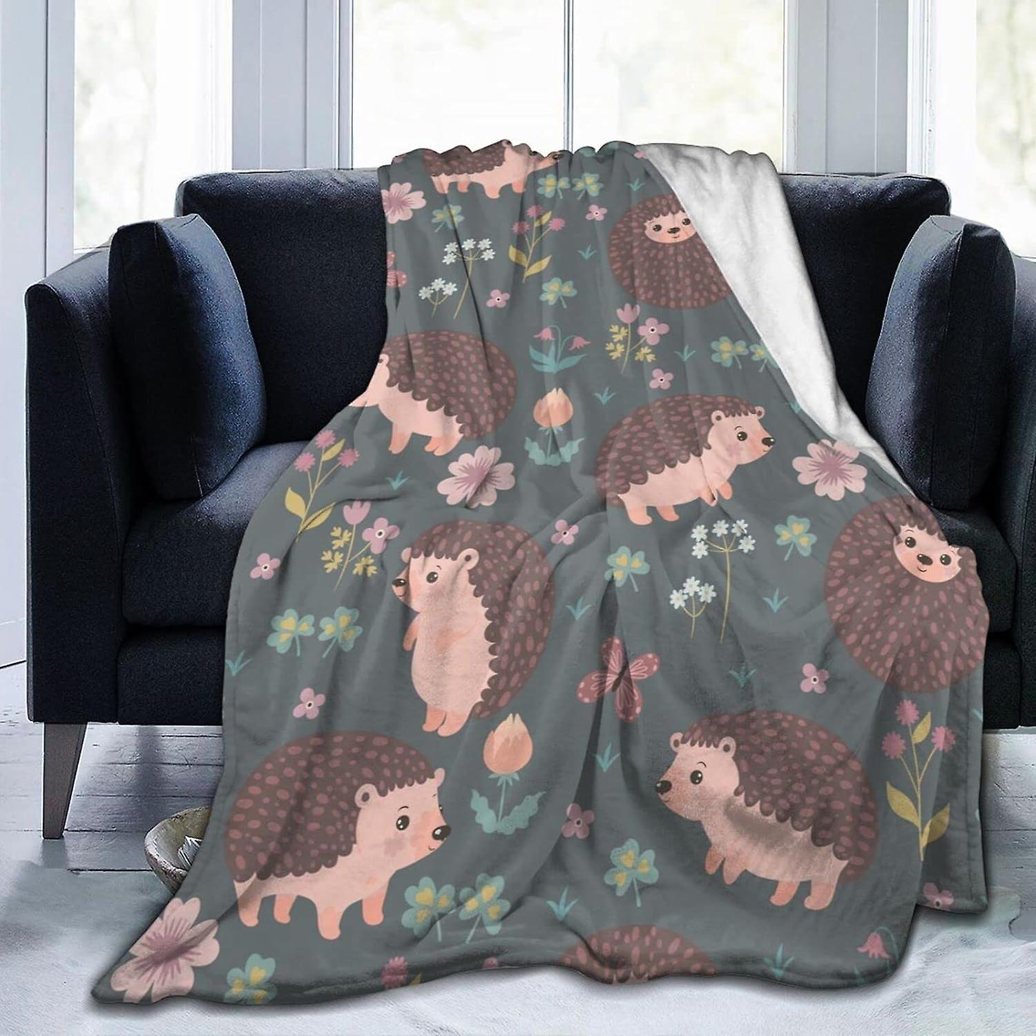 Kerota Cute Hedgehogs and Flowers Flannel Throw Blanket Lightweight Soft Cozy Washable for Sofa Couch Bed 50x40in 125x100cm