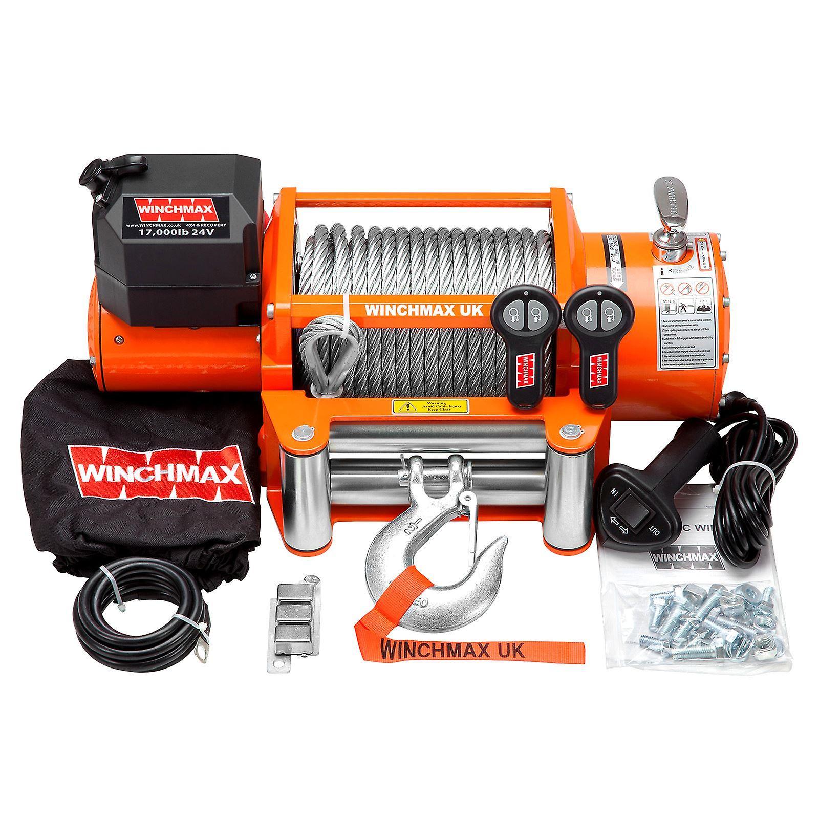 Winchmax 17000lb 24v Winch. 26m x 12mm Steel Rope. 1/2 inch Hook. Remotes.