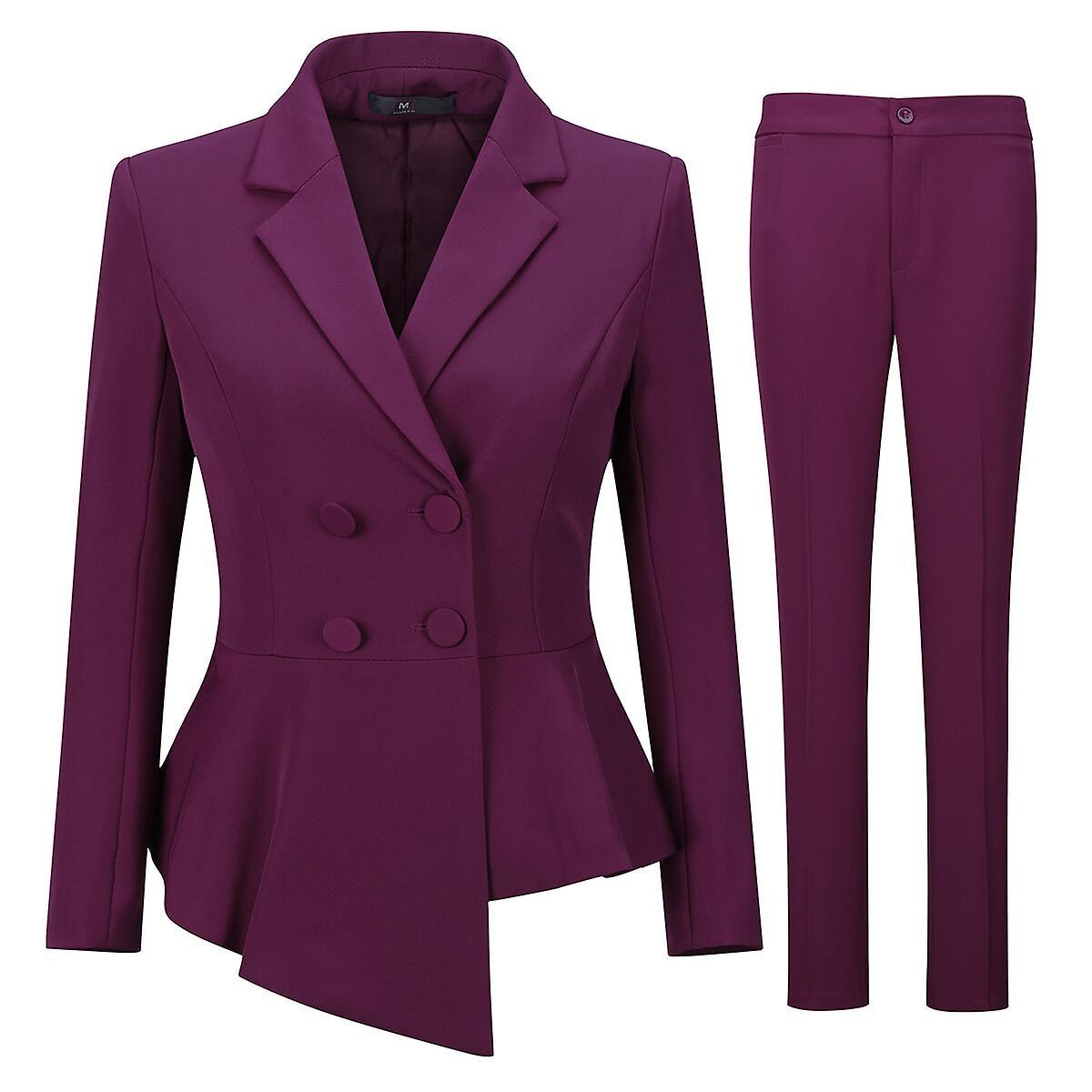 Allthemen Womens 2-Piece Business Professional Office Lady Double Breasted Asymmetric Slim Fit Suit (Blazer + Pants) Burgundy M