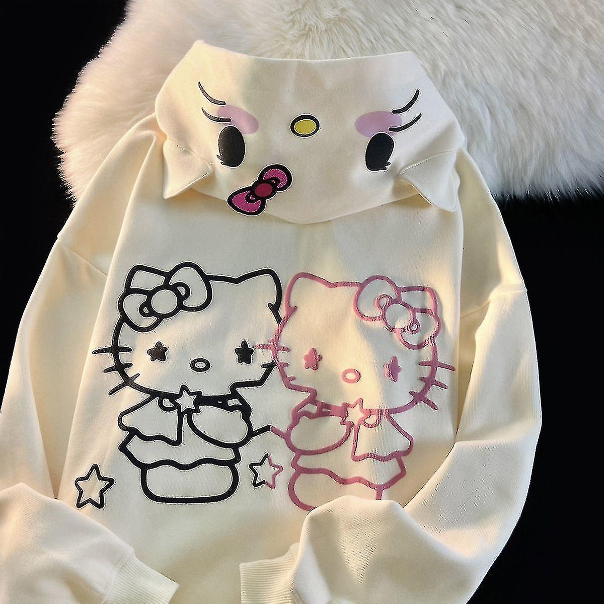 Sszfv Sanrio Kawaii Hello Kitty New Cute Cartoon Hooded Sweater Women's Autumn Winter Loose Student Cardigan Jacket Birthday Gift apricot XXL