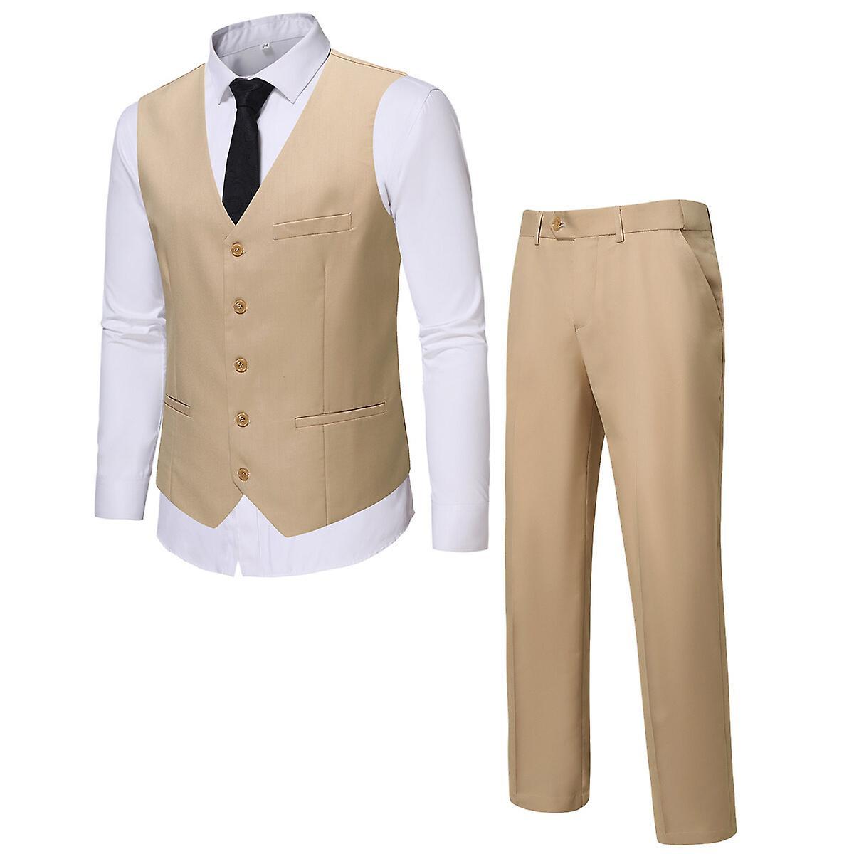 Allthemen Men's Suit, 2-Piece Suit Vest and Pants, Slim Wedding Vest Pants Set Beige XS