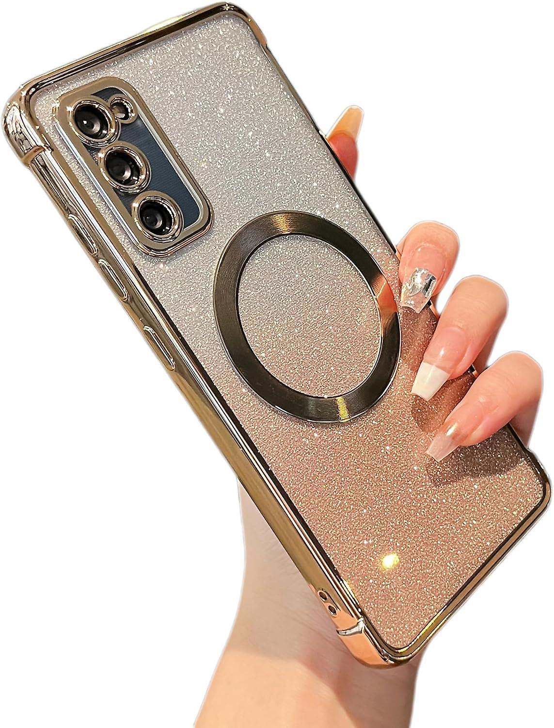 Baiccf Clear Magnetic Case for Samsung Galaxy S20 FE 5G , Luxury Plating Cute Transparent Bling Sparke Case Shockproof TPU Protector Cover -Gold