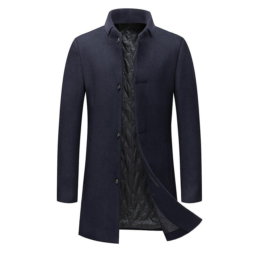 Allthemen Mens Thicken Stand Collar Button Down Slim Fit Woolen Coat Navy Blue S