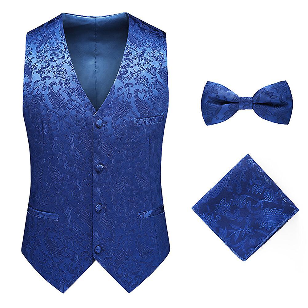 Sliktaa Sliktta Mens 3Pce Paisley Dress Vest and Bow Tie Set and Pocket Square Blue XL