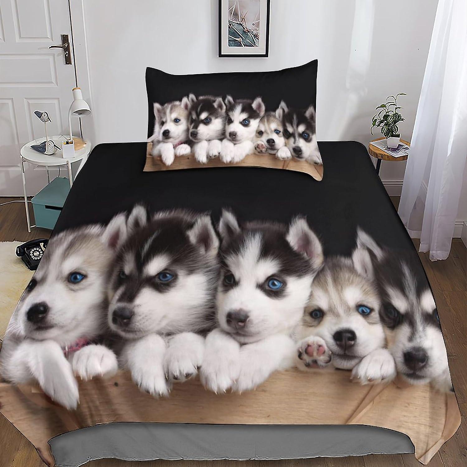 Kerota 3D Husky Duvet Cover, 2 Pieces with Pillowcases, Microfiber Set, Zipper Closure, Dog Bedding Set for Adults and Children Single Single135x200cm