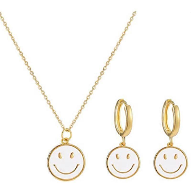 Aiducho Smiley Face Earring and Smiley Face Necklace Set Dainty Preppy Smiley Face Jewelry Sets Hypoallergenic for Women Girls - White