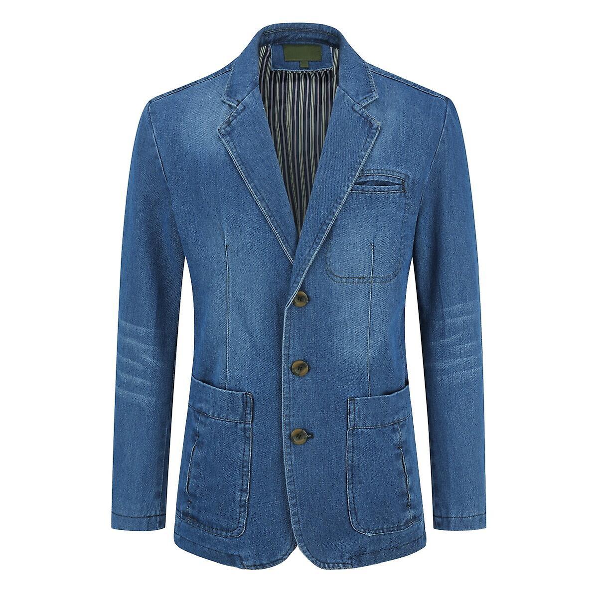 YOUTHUP Mens Regular Fit Denim Blazer Casual 3 Buttons Multi-Pocket Suit Jacket Light Blue XL