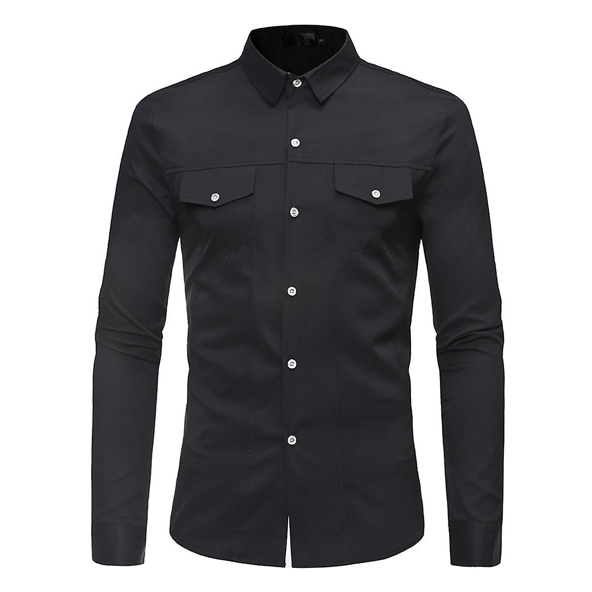 Allthemen Mens Casual Solid Lapel Four Seasons Long Sleeves Shirt Black M