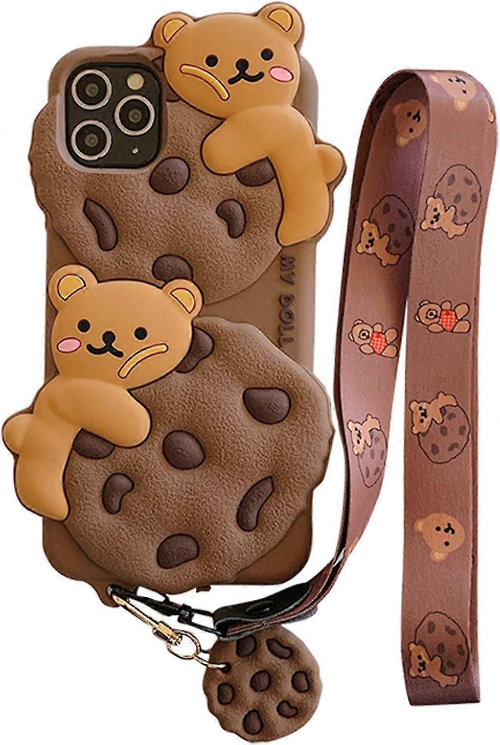 Heyone Case for iPhone 11 Pro Max Cases Cute with Lanyard Keychain Kawaii Phone Cases 3D Cartoon Bear Cookie iPhone Case Soft Silicone