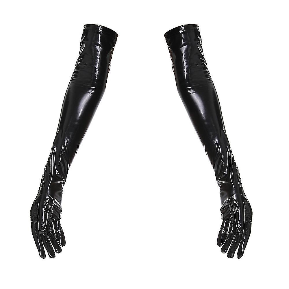 Whgirl Fashion Night Club Party Pole Dancing Faux Leather Long Gloves Women Gothic Punk Full Finger Latex Gloves Cosplay Costumes Black XL