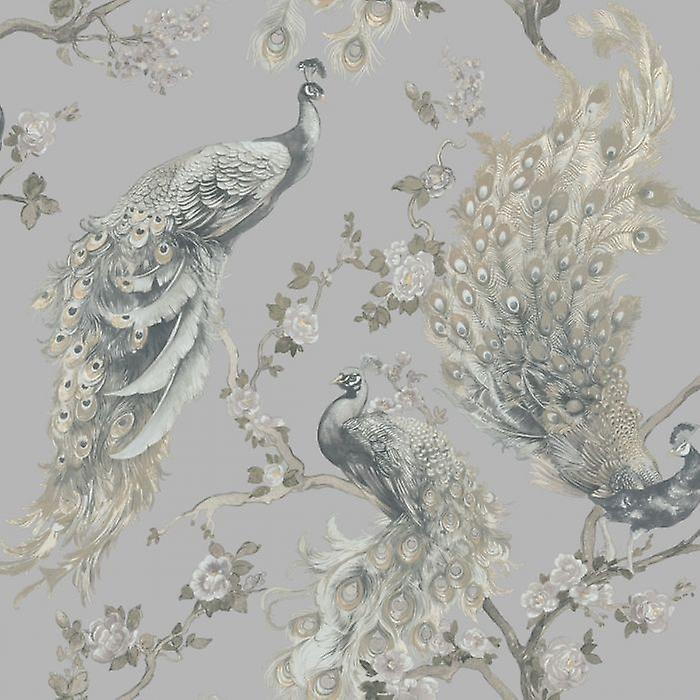 Holden Decor Menali Peacock Design Grey Glitter Textured Surface Wallpaper 35920