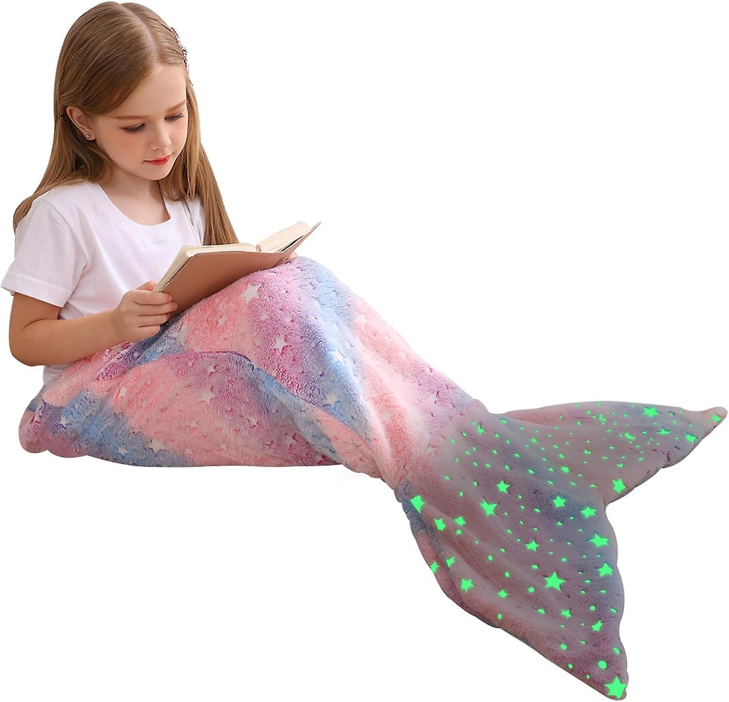 ILWHE Children's Mermaid Tail Blanket, Mermaid Tail Blankets Star Glow In The Dark, Flannel Mermaid Blanket