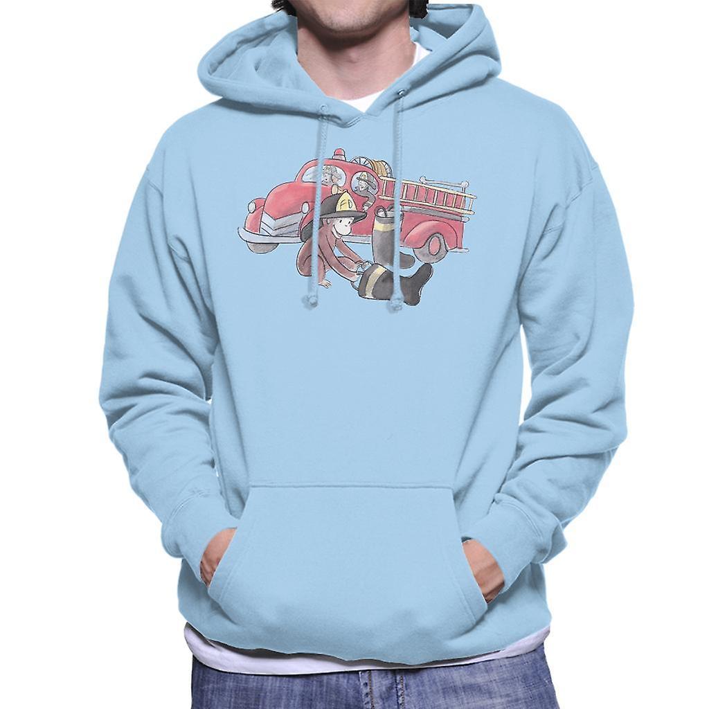 Curious George Balloon Fire Department Truck Men's Hooded Sweatshirt Sky Blue Large