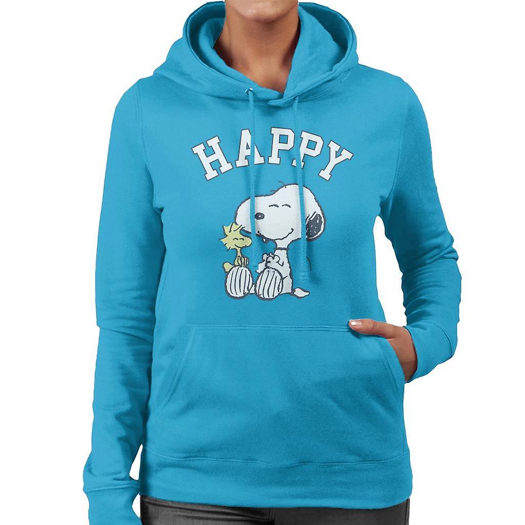 Peanuts Snoopy And Woodstock Happy Women's Hooded Sweatshirt Sapphire Small