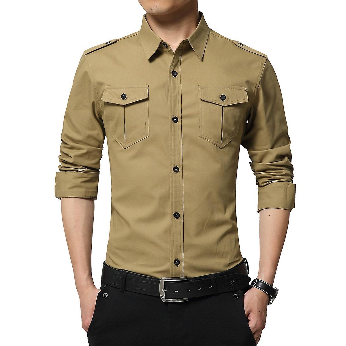 Allthemen Mens Casual Solid Cotton Slim Fit Shirt Khaki XL