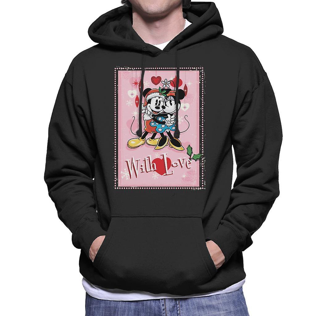 Disney Christmas Mickey And Minnie Mouse With Love Men's Hooded Sweatshirt Black Medium