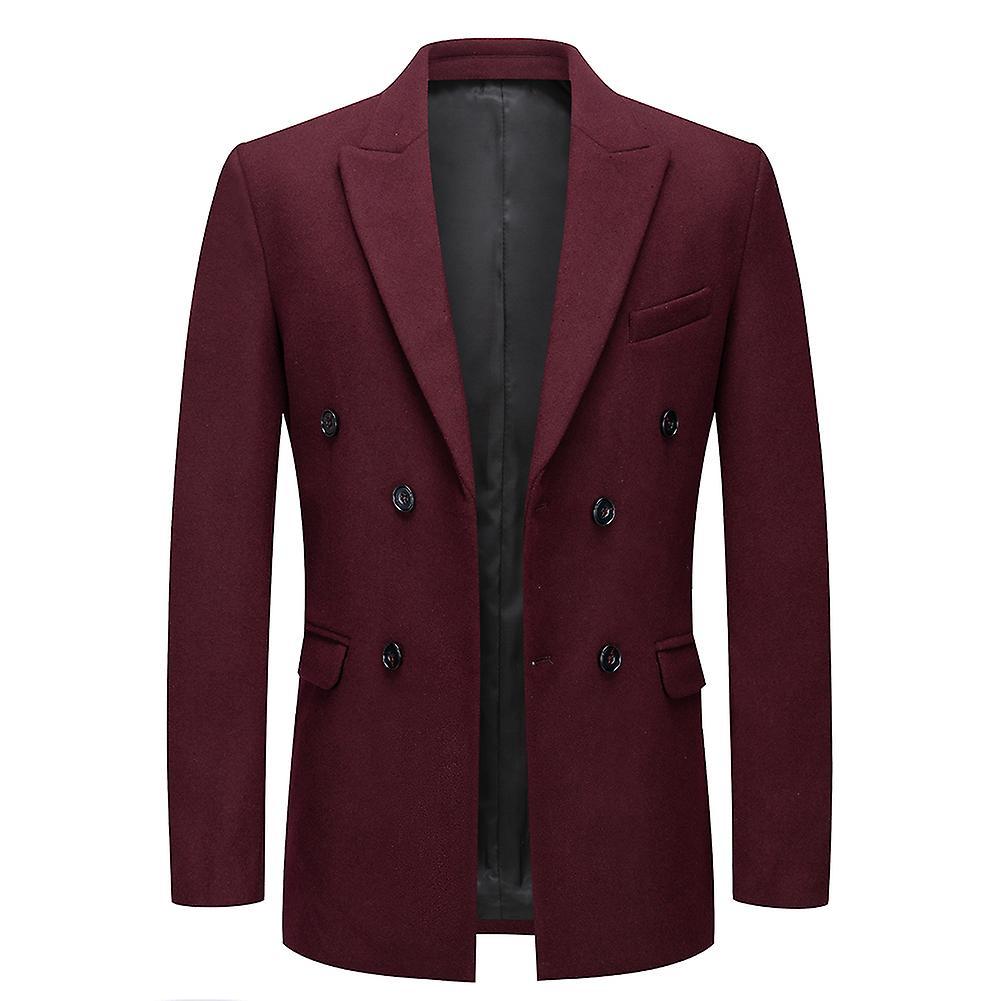 Allthemen Mens Solid Color Woolen Slim Fit Short Fit Overcoat Wine Red S